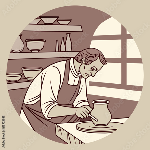 Illustration of a potter shaping a clay pot on a pottery wheel in a workshop with shelves behind
