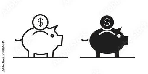 Piggy bank icon flat and stroke style pack on white background. Vector illustrations
