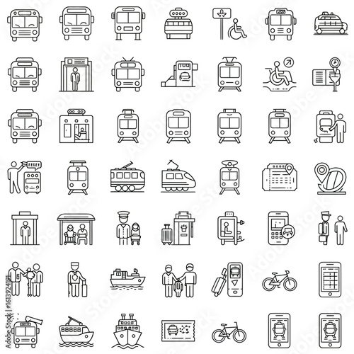 Public transport line icon set. Urban transportation and city travel symbols. Includes bus, tram, train, and ferry vector illustrations.