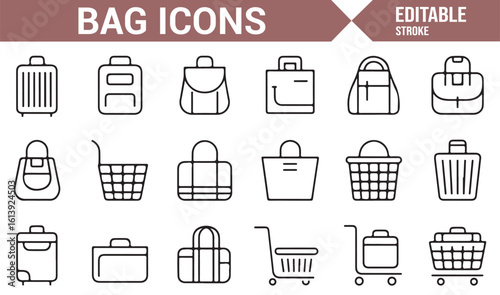 Shopping Bags, Luggage, and Backpack Icons for Digital Design and Retail Projects