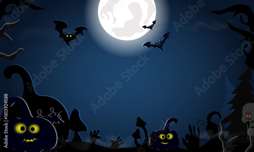 Vector Frame with a Gloomy Halloween Night Scene with a glowing moon, spooky pumpkins, flying bats and haunted forest silhouettes. Perfect for spooky banners, party invitations, horror movie designs.