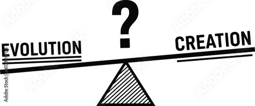 Evolution versus creation balance concept showing question mark and debate comparison vector