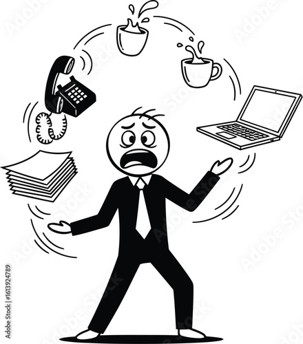 Overwhelmed businessman juggling work tasks concept multitasking and stress management idea vector