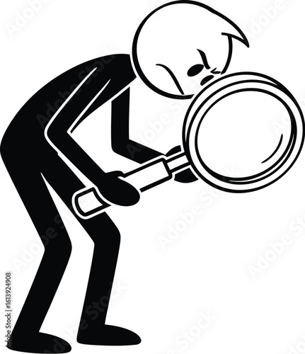 Stick figure detective magnifying glass looking closely at tiny dot investigation search vector