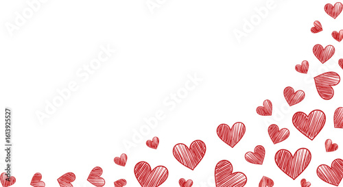 A beautiful collection of red hearts scattered across a white background evoking feelings of love and romance