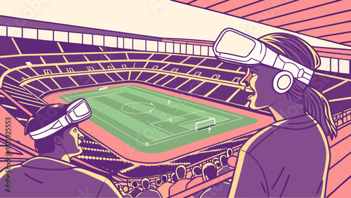 People wearing vr headsets watching soccer game at stadium with spectators and field view in illustration