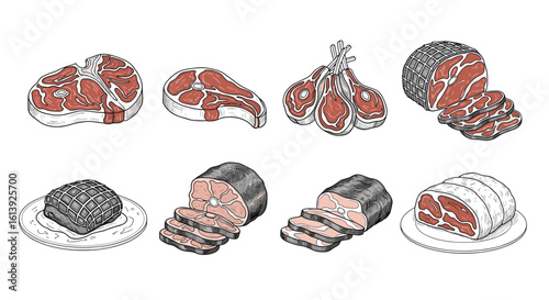 Various cuts of meat and processed meat products depicted in a simple artistic style with a white background