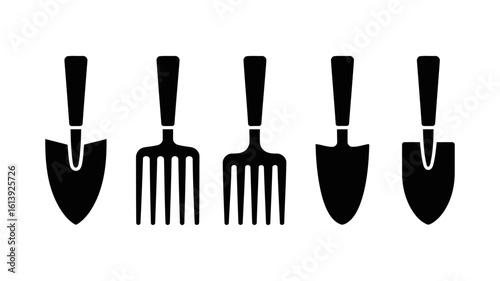 Vector art of a set of garden tools including a spade and a fork arranged in a row on a white background