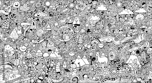 Intricate Whimsical Doodle Art: Hand-Drawn Black  White Landscape with Smiling Nature Elements, Fantasy Creatures, and Cartoon Scenes