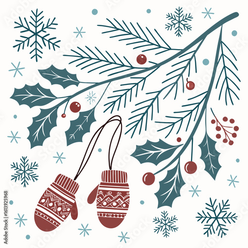 Illustration of winter foliage with berries snowflakes and mittens on a white background design