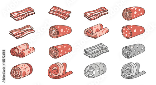 An assortment of raw meat cuts featuring muscle fibers and marbling patterns presented in a grid layout