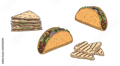 Deliciously crafted mexican food assortment featuring two savory tacos and warm tortillas with crispy potato sides