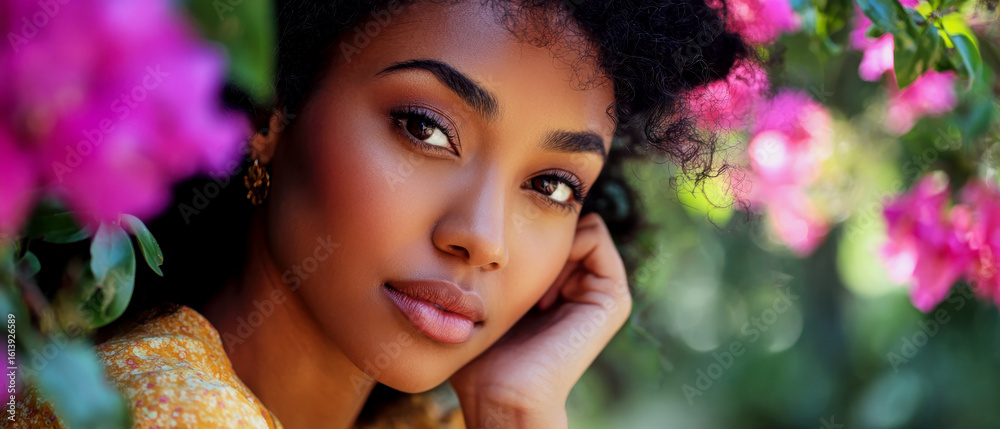Fototapeta premium Woman posing gracefully among vibrant flowers in a garden