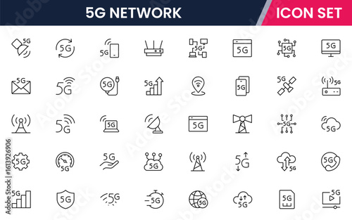 5G network vector line icons featuring signal towers, high-speed data, connectivity, smartphones, wireless technology, internet access, coverage, and modern communication.
