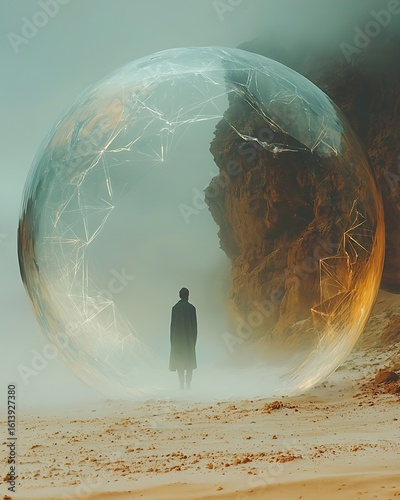 A man stands protected inside a futuristic energy sphere