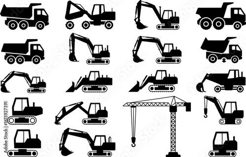 Construction vehicles vector icons set black silhouette