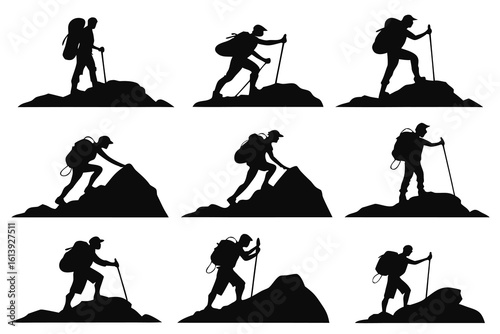 Silhouettes of hikers with backpacks and trekking poles on rocky terrain