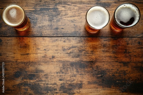 Top view of three craft beers in glasses on aged wooden table with open copy space, perfect for bar menus, beer festivals, brewery branding, and rustic drink designs