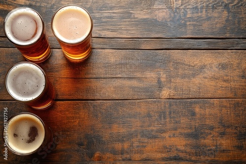 Top view of four frothy craft beers in glasses on rustic wooden table with right-side space, ideal for bar menus, brewery branding, Oktoberfest promotions, or drink ads