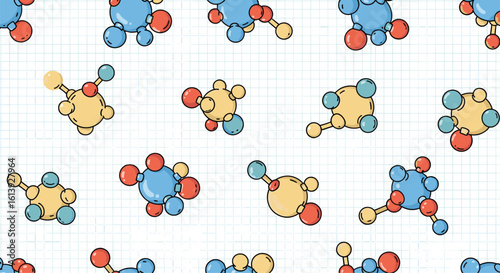 Colorful molecular structures abstracted on a grid background illustrating science and discovery