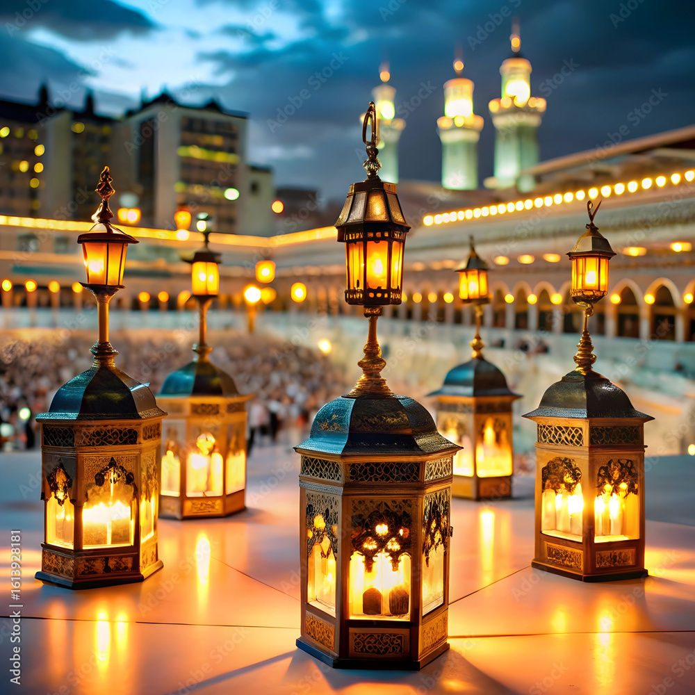 Obraz premium lanterns floating around kaaba divine light con