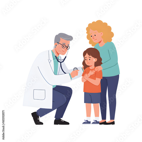 Caring Pediatrician Examining a Nervous Child: Flat Vector Illustration of a Doctor Comforting a Little Girl with Her Mother
