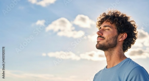 Peaceful man enjoying fresh air and sunshine with eyes closed under blue sky with copy space.