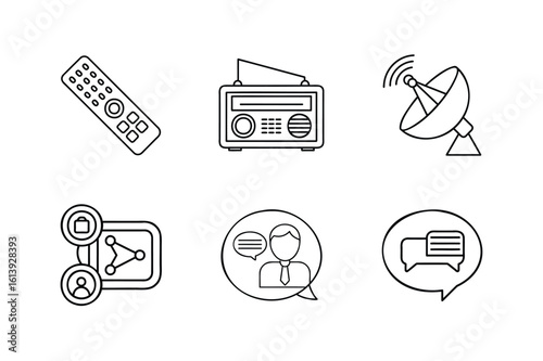 Mass Media Icon Set .Tv Remote , Radio Receiver , Dish Transmitting , A Social Media Share Symbol ,and more . Vector Illustration 