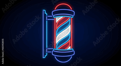 Glowing neon barber pole sign with red, white, and blue stripes. Retro barbershop or hair salon symbol isolated on a dark background.