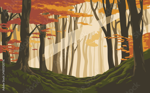 a serene autumnal forest scene with golden sunbeams piercing through the canopy