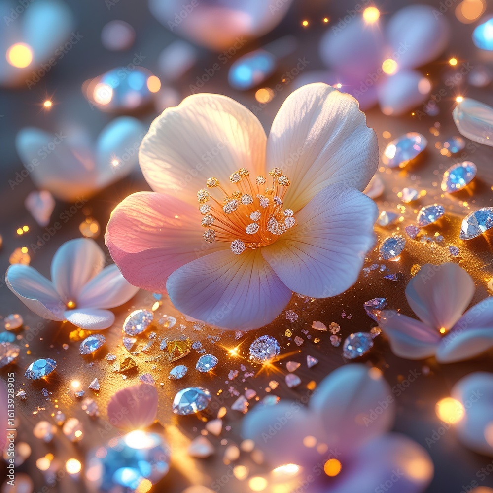Fototapeta premium a delicate flower with soft petals in a variety of pastel colors, set amidst a scattering of natural diamonds