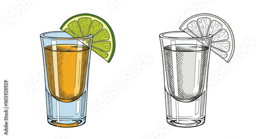 Colorful and sketchy illustrations of a delicious tequila shot with a lime wedge on top representing celebration and enjoyment
