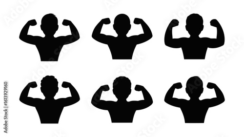 Vector art of a collection of strong man silhouettes flexing their muscles to show their strength and fitness