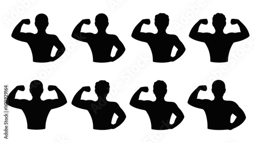 Vector art of a collection of muscular man silhouettes flexing their biceps to demonstrate strength and fitness