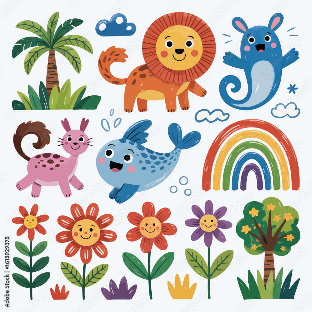 Obraz premium Cute seamless pattern with a collection of funny baby animals, including an owl, duck, and elephant, perfect for kids' designs