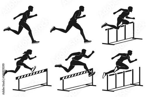Athletes in silhouette jumping over hurdles during a race