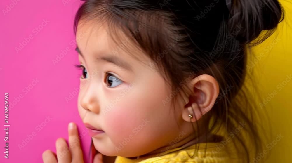 Lifestyle kids Concept. A cute asian girl child with hair bun peeking from pink and yellow wall and slowly coming out explore. clip mov HD motion Lifestyle kids Concept. A cute asian girl child with hair bun peeking from pink and yellow wall and slowly coming out explore. clip mov HD motion