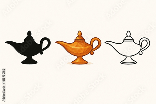  
Set of Genie Lamp Variants – Silhouette, Colorful, and Outline Versions – Vector Illustration of Magical Aladdin Lamp with Curved Spout for Fantasy, Myth, and Arabian Themes
