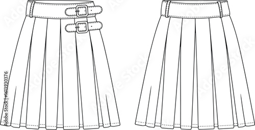 Women's Pleated Skirt with Buckle Details Technical Flat Sketch, Fashion Apparel Design, A-Line Midi Skirt Vector, Product Development Template for Clothing Brands.