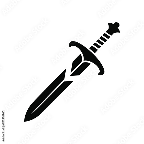 Sleek black sword illustration against white background depicting medieval weaponry or protection concept