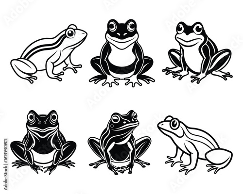 Six stylized frogs black and white amphibian animals