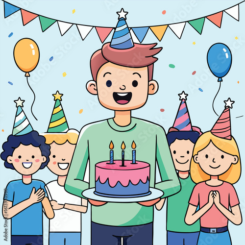 Birthday bash with cake & friends, vector illustration