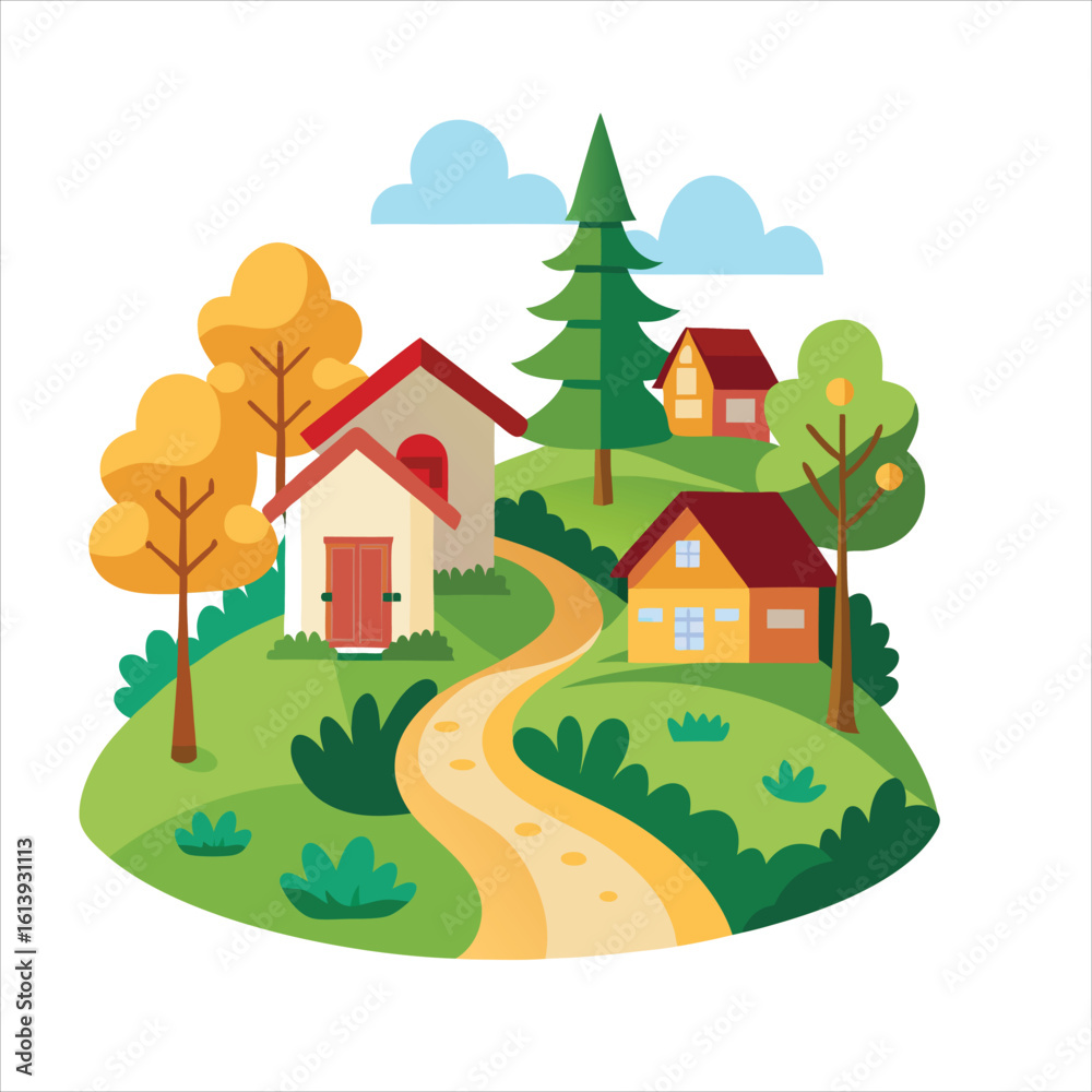Fototapeta premium Village Path and Nature Vector Art