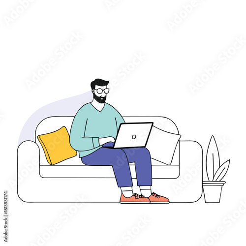 Man on laptop at home cozy, vector illustration