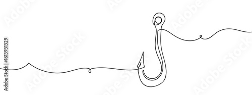 Continuous vector art line, fishing hook, transparent background. editable stroke.
