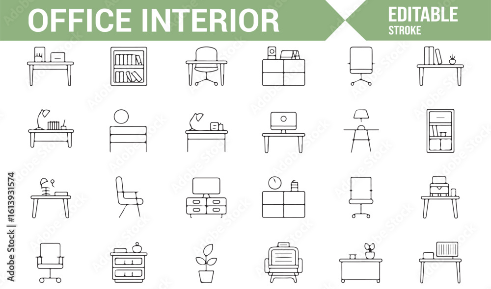 Fototapeta premium Icon Collection Representing Office Furniture, Equipment, and Workspaces