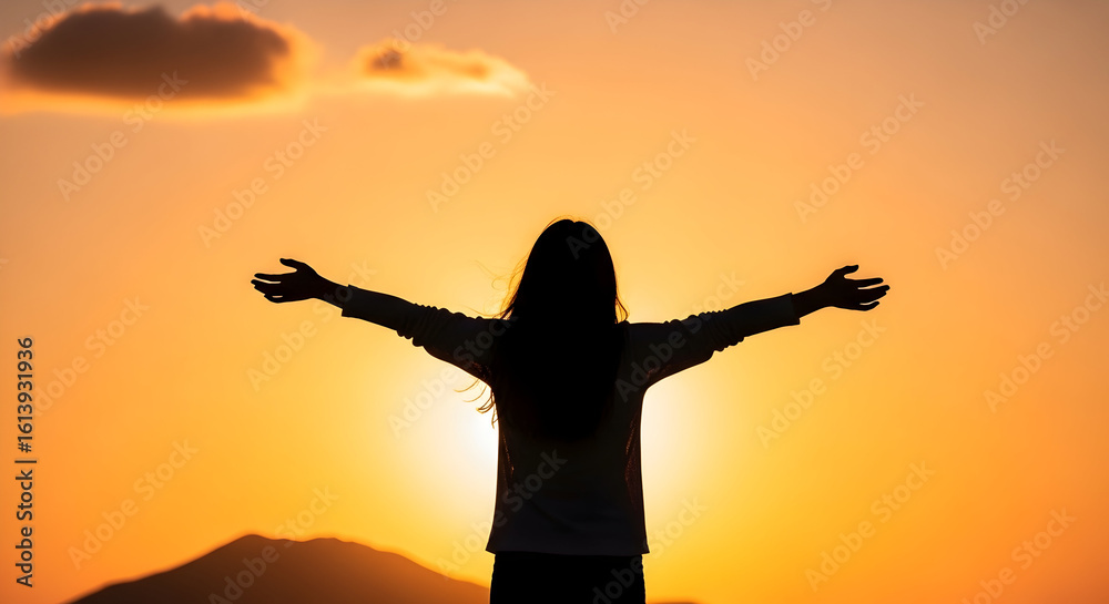 Fototapeta premium Silhouette of a woman with outstretched arms enjoying sunrise or sunset in a scenic outdoor setting symbolizing freedom relaxation and positive energy in nature scene