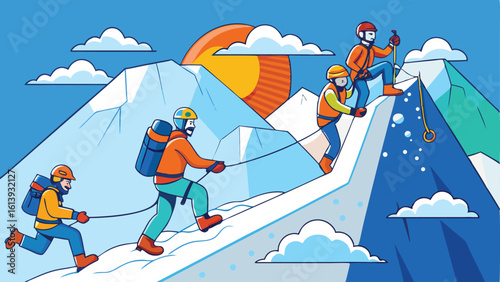 Climbing team reaches snowy peak, vector illustration