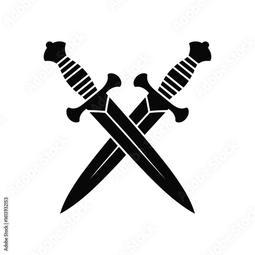Two crossed daggers silhouette vector design in black isolated on a white background suitable for logos and branding