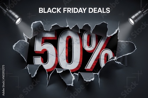 A dynamic Black Friday sale poster featuring a 50% discount bursting through a dark textured background with spotlights.